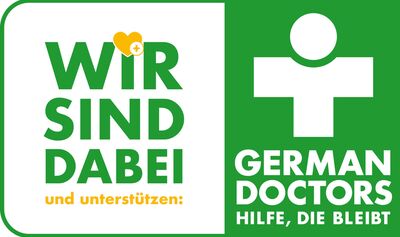 Digitales Bannermotiv mit "Wir sind dabei" für Unternehmen, die die German Doctors unterstützen